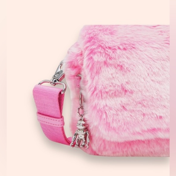 Kipling Aras Furry Shoulder Bag Crossbody Teddy Pink Metal Monkey Chain - Picture 5 of 7